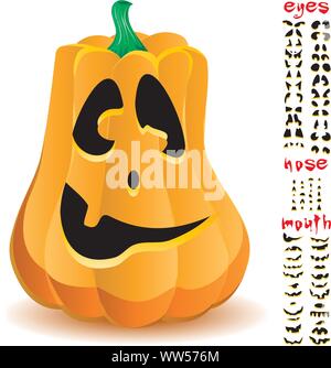 Halloween pumpkin with big set of mouths, eyes and noses for Jack O`Lantern face, part 16, vector illustration Stock Vector
